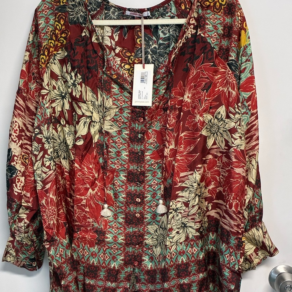 Johnny Was Red and Green Floral Blouse